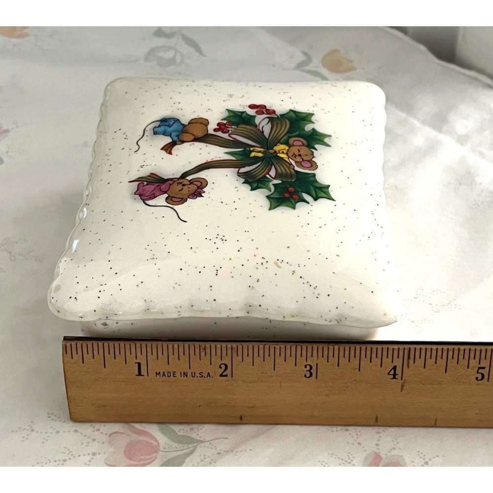 Vtg Christmas Covered Candy Dish w/Mice Glitter Handmade Kitsch Ceramic 1980's - Picture 11 of 12
